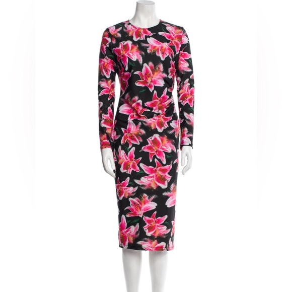 Jonathan Cohen Women’s Black Pink Floral Hibiscus Bodycon Long Sleeve Midi Dress - Picture 5 of 11